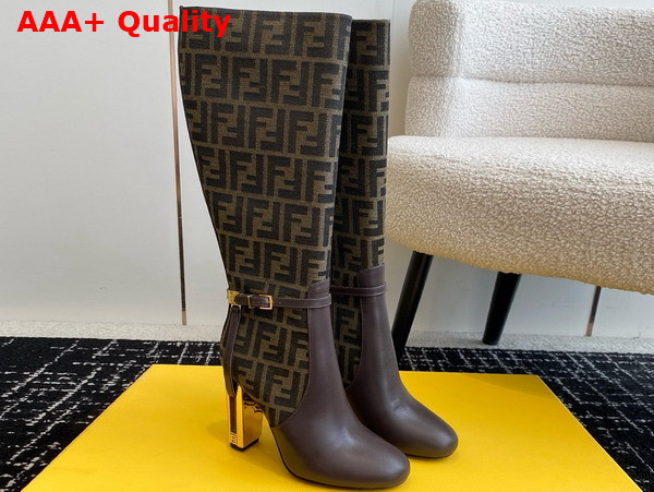 Fendi Delfina Brown Leather and FF Fabric High Heeled Boots Replica
