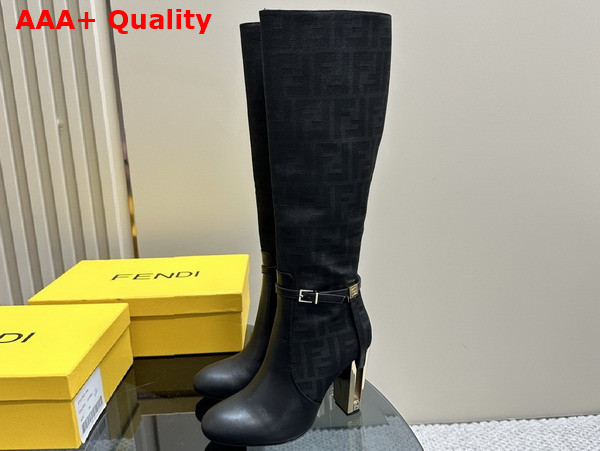 Fendi Delfina High Heeled Boots in Black FF Jacquard Nylon and Leather Replica