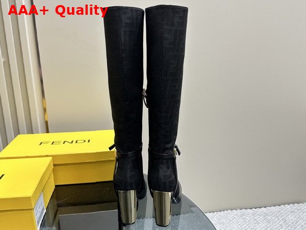 Fendi Delfina High Heeled Boots in Black FF Jacquard Nylon and Leather Replica