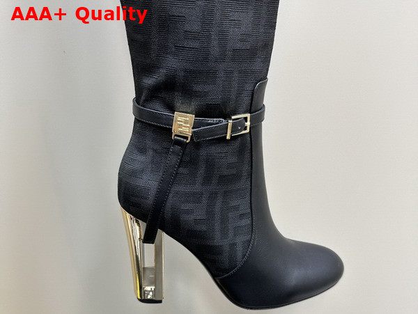 Fendi Delfina High Heeled Boots in Black FF Jacquard Nylon and Leather Replica