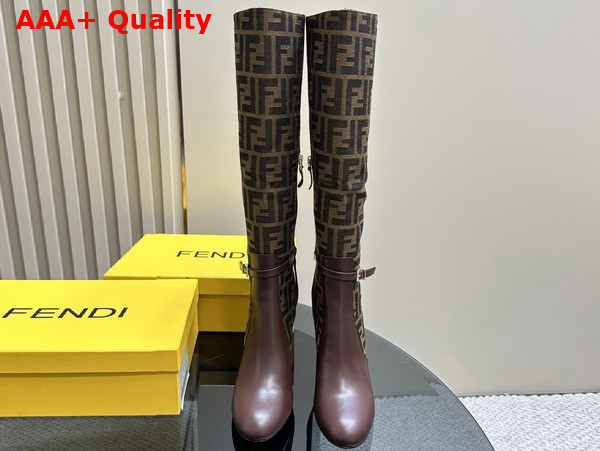 Fendi Delfina High Heeled Boots in Brown FF Jacquard Nylon and Leather Replica