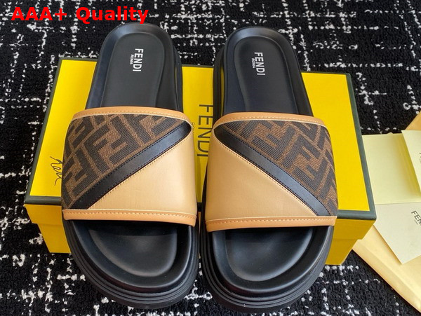 Fendi Diagonal Slides Brown FF Jacquard and Beige Leather Slides Replica