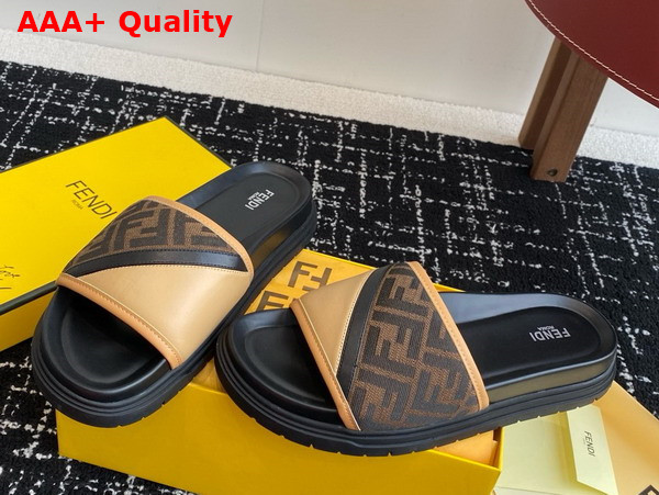 Fendi Diagonal Slides Brown FF Jacquard and Beige Leather Slides Replica