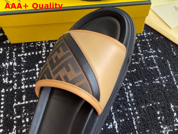 Fendi Diagonal Slides Brown FF Jacquard and Beige Leather Slides Replica
