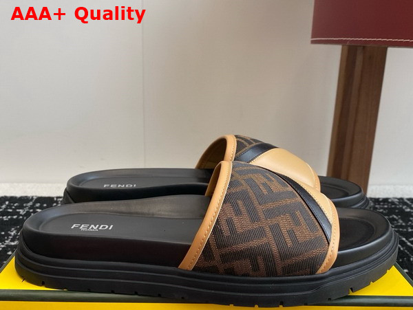 Fendi Diagonal Slides Brown FF Jacquard and Beige Leather Slides Replica