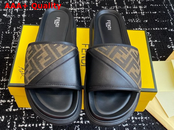 Fendi Diagonal Slides Brown FF Jacquard and Black Leather Slides Replica