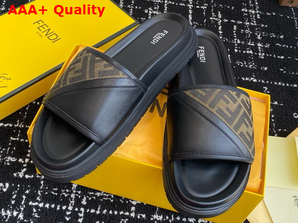 Fendi Diagonal Slides Brown FF Jacquard and Black Leather Slides Replica