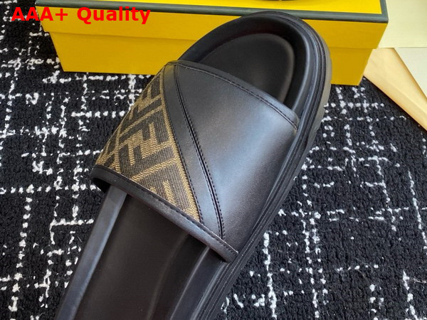 Fendi Diagonal Slides Brown FF Jacquard and Black Leather Slides Replica