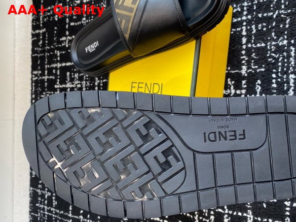 Fendi Diagonal Slides Brown FF Jacquard and Black Leather Slides Replica