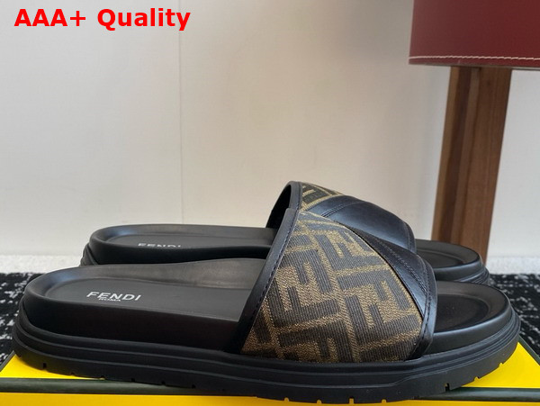 Fendi Diagonal Slides Brown FF Jacquard and Black Leather Slides Replica