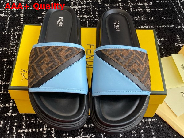 Fendi Diagonal Slides Brown FF Jacquard and Light Blue Leather Slides Replica