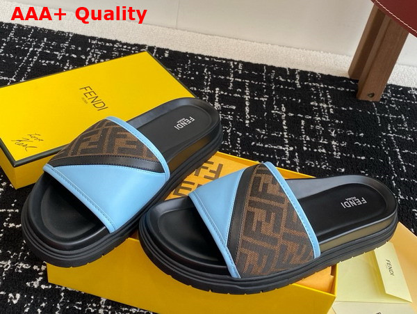 Fendi Diagonal Slides Brown FF Jacquard and Light Blue Leather Slides Replica