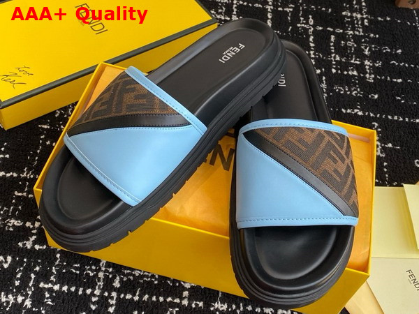 Fendi Diagonal Slides Brown FF Jacquard and Light Blue Leather Slides Replica