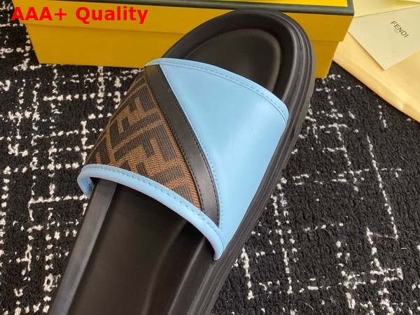 Fendi Diagonal Slides Brown FF Jacquard and Light Blue Leather Slides Replica