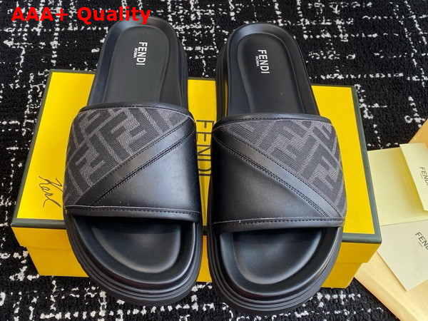 Fendi Diagonal Slides Gray FF Jacquard and Black Leather Slides Replica