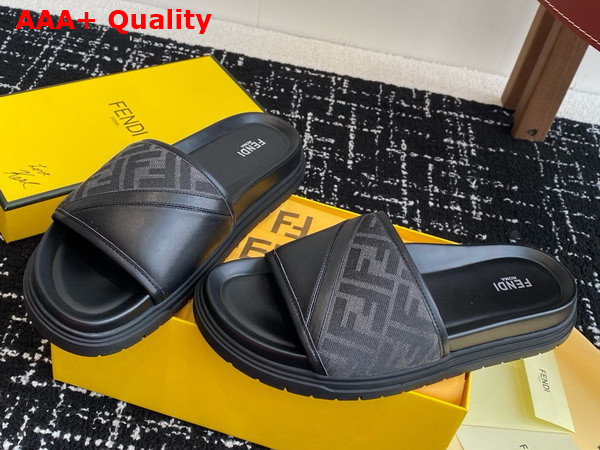 Fendi Diagonal Slides Gray FF Jacquard and Black Leather Slides Replica
