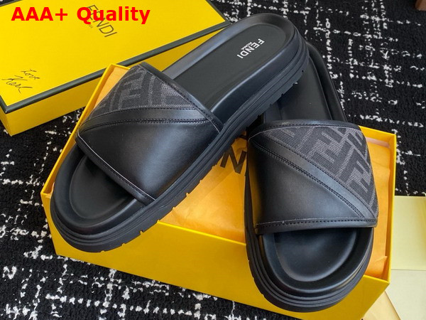 Fendi Diagonal Slides Gray FF Jacquard and Black Leather Slides Replica