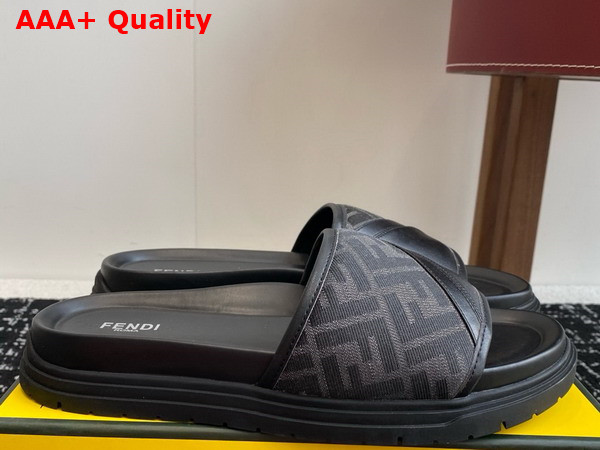 Fendi Diagonal Slides Gray FF Jacquard and Black Leather Slides Replica