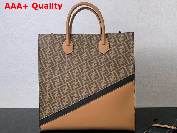 Fendi Diagonal Vertical Tote Brown Leather and FF Fabric Bag Replica