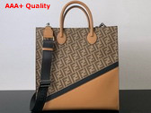 Fendi Diagonal Vertical Tote Brown Leather and FF Fabric Bag Replica