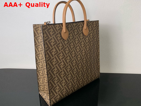 Fendi Diagonal Vertical Tote Brown Leather and FF Fabric Bag Replica