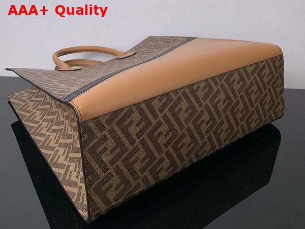 Fendi Diagonal Vertical Tote Brown Leather and FF Fabric Bag Replica