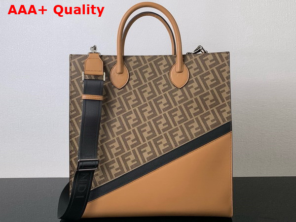 Fendi Diagonal Vertical Tote Brown Leather and FF Fabric Bag Replica