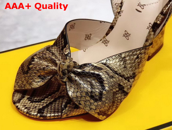 Fendi FFreedom Slingback Sandals with Wide Band Decorated with Maxi Bow in Gold Snake Print Leather Replica