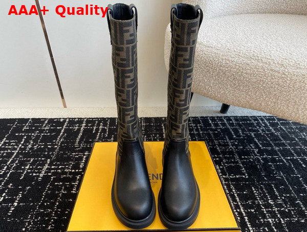 Fendi Filo Black Leather and Brown FF Fabric Boots Replica