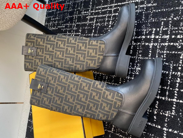Fendi Filo Black Leather and Brown FF Fabric Boots Replica