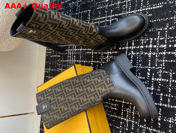 Fendi Filo Black Leather and Brown FF Fabric Boots Replica