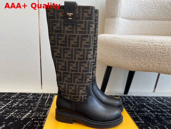 Fendi Filo Black Leather and Brown FF Fabric Boots Replica