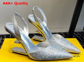 Fendi First Silver Colored Rhinestone High Heeled Slingbacks Replica