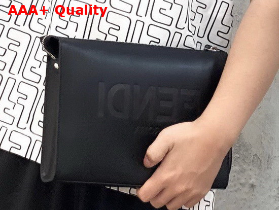 Fendi Flat Pouch Black Leather Pouch Replica