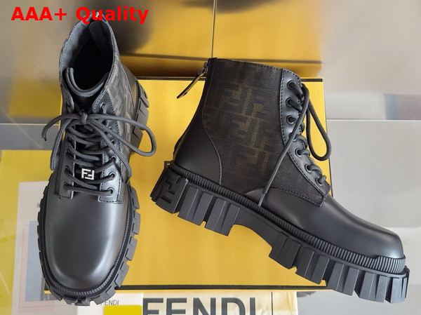 Fendi Force Biker Boots Black Leather and Brown FF Jacquard Biker Boots Replica