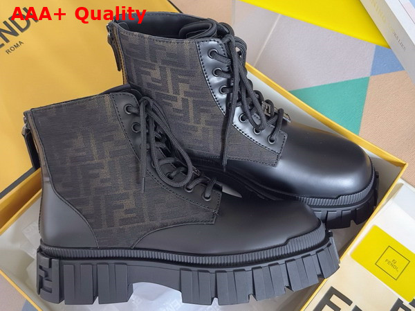 Fendi Force Biker Boots Black Leather and Brown FF Jacquard Biker Boots Replica