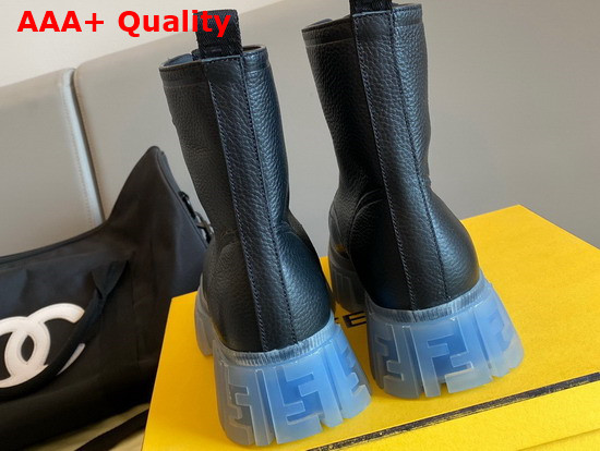 Fendi Force Black Leather Ankle Boots with Blue and Transparent Rubber Lug Sole Replica