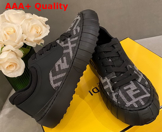 Fendi Force Lace Up Sneakers Black Leather and FF Jacquard Fabric in Gray and Black Replica