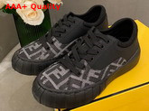 Fendi Force Lace Up Sneakers Black Leather and FF Jacquard Fabric in Gray and Black Replica