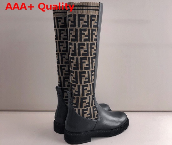 Fendi High Boot in Black Leather and Brown Stretch Fabric with FF Motif Replica
