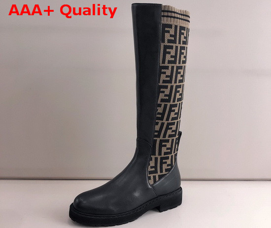 Fendi High Boot in Black Leather and Brown Stretch Fabric with FF Motif Replica