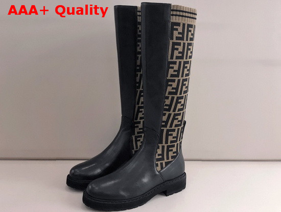 Fendi High Boot in Black Leather and Brown Stretch Fabric with FF Motif Replica