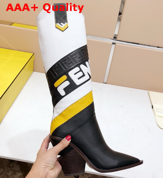 Fendi High Leg Cowboy Boots Black Deerskin Print Calfskin Fendi Maria Motif and Embossed FF Inlay Replica