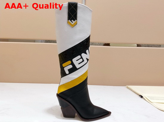 Fendi High Leg Cowboy Boots Black Deerskin Print Calfskin Fendi Maria Motif and Embossed FF Inlay Replica