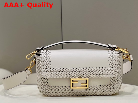 Fendi Iconic Medium White Leather Baguette Bag Embellished with a Hand Woven Tone on Tone Leather Motif Replica