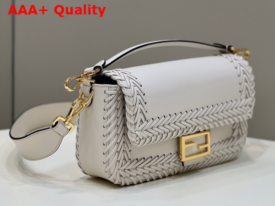Fendi Iconic Medium White Leather Baguette Bag Embellished with a Hand Woven Tone on Tone Leather Motif Replica
