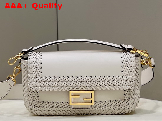 Fendi Iconic Medium White Leather Baguette Bag Embellished with a Hand Woven Tone on Tone Leather Motif Replica