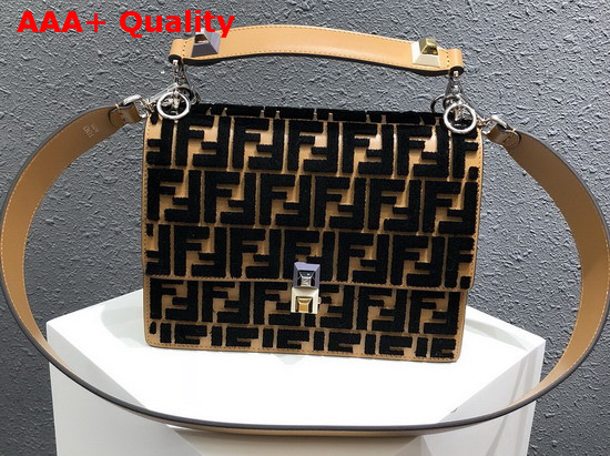 Fendi Kan I Flap Bag with Embroidered FF Pattern Light Brown Calf Leather Replica