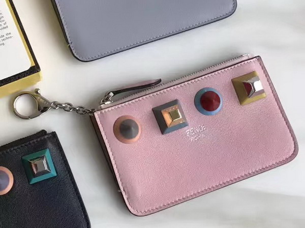 Fendi Keyring Pouch in Pink Leather with Four Rainbow Studs For Sale