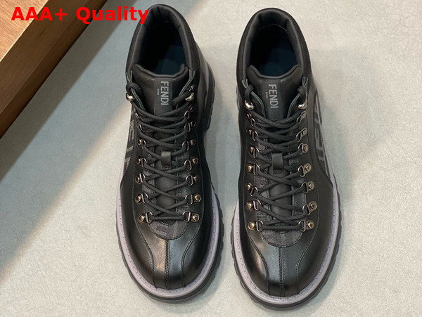 Fendi Lace Up Boot in Black Calfskin and FF Jacquard Fabric Details Replica